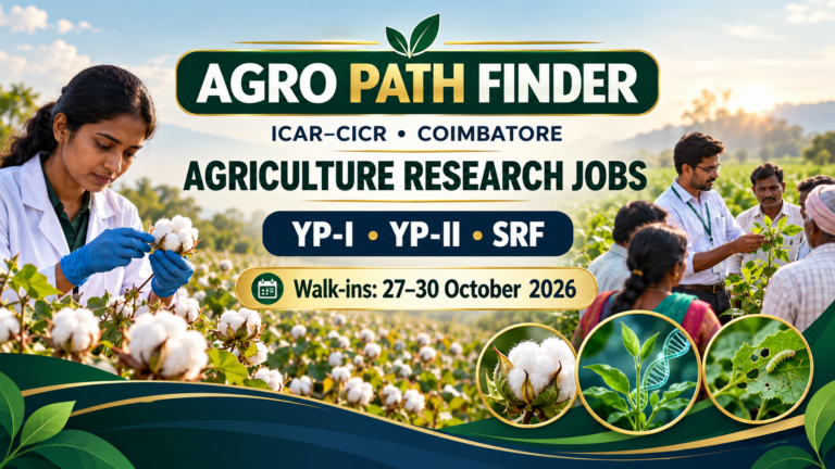 CICR Coimbatore Recruitment 2026: 43 Upcoming Agriculture Research Positions, Walk-ins 27–30 October. Illustrative recruitment header by Agro Path Finder.