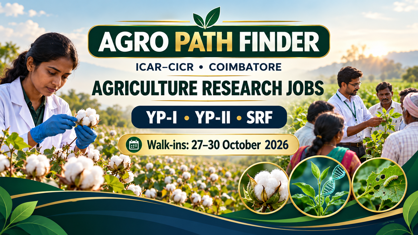 CICR Coimbatore Recruitment 2026: 43 Upcoming Agriculture Research Positions, Walk-ins 27–30 October. Illustrative recruitment header by Agro Path Finder.