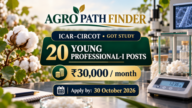 ICAR-CIRCOT GOT Study: 20 Young Professional-I posts, ₹30,000 per month, apply by 30 October 2026. Illustrative recruitment header.