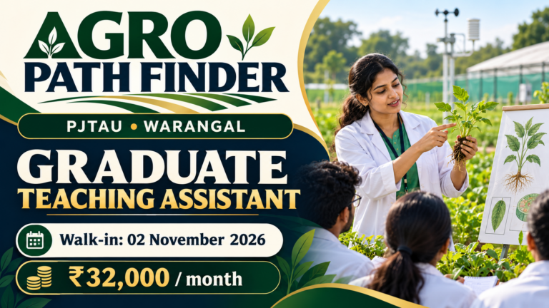PJTAU Warangal Graduate Teaching Assistant recruitment: walk-in 2 November 2026, ₹32,000 per month. Illustrative header.