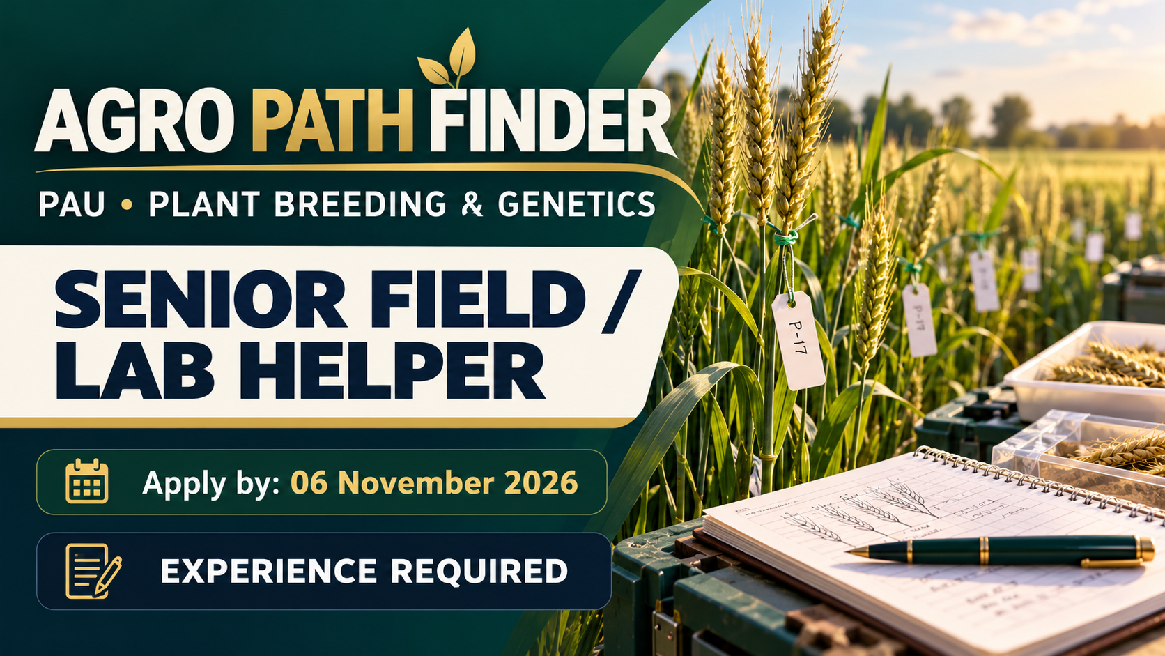 PAU Plant Breeding & Genetics Recruitment 2026: Senior Field/Lab Helper, Apply by 6 November. Illustrative Agro Path Finder recruitment header.