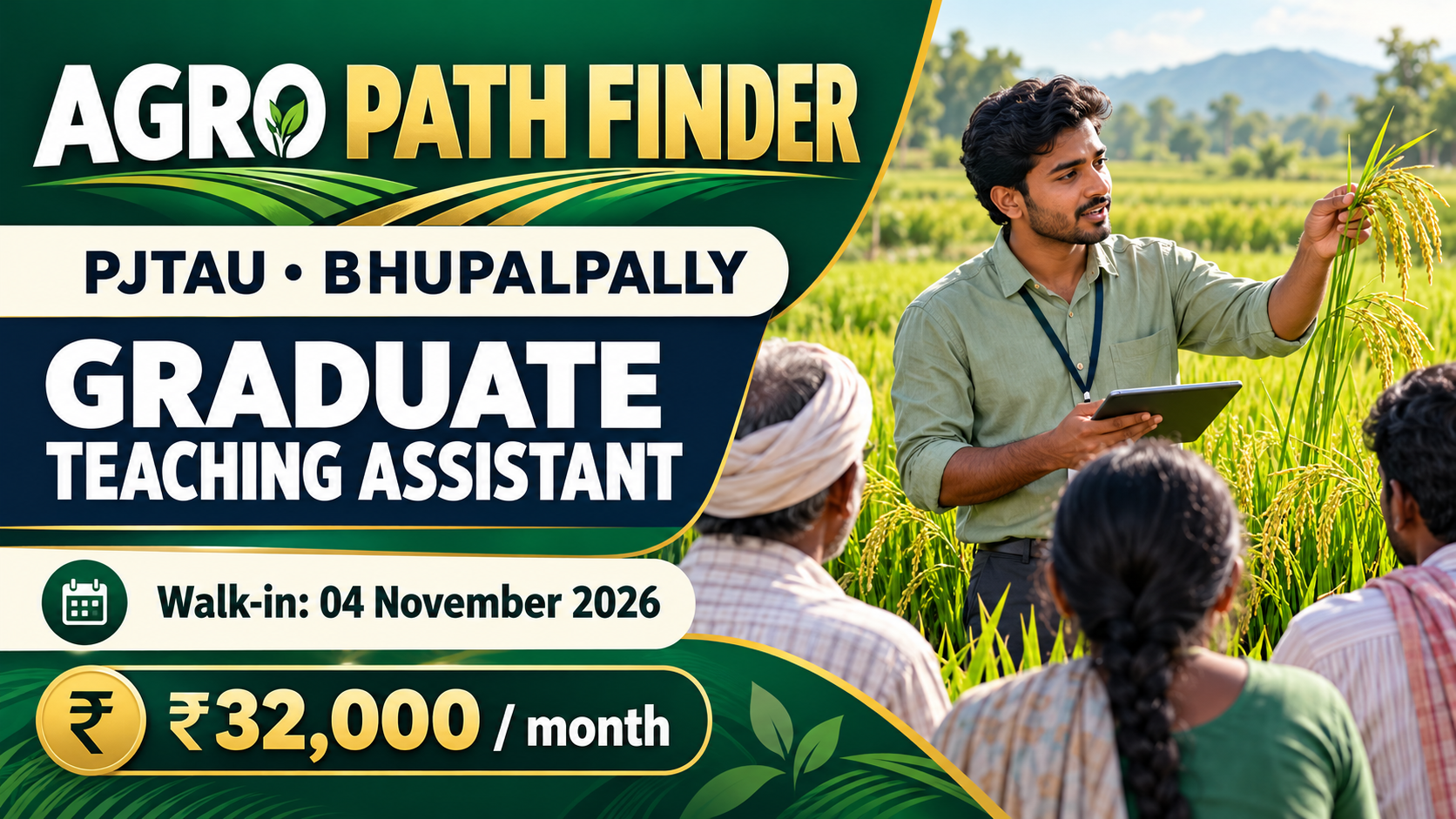 PJTAU Bhupalpally Graduate Teaching Assistant recruitment: walk-in 4 November 2026, ₹32,000 per month. Illustrative header.