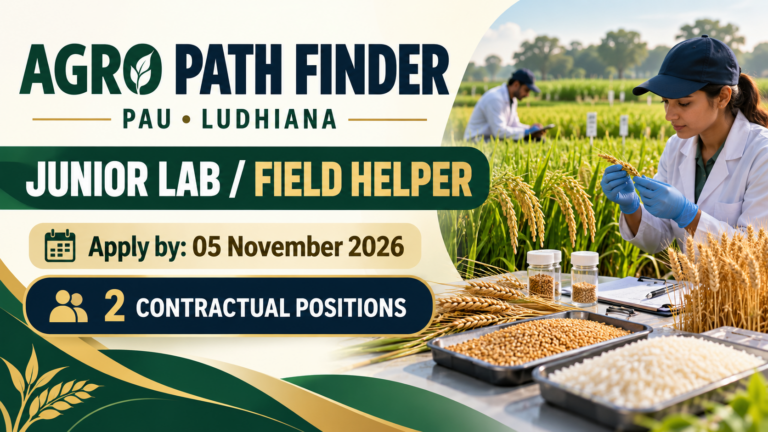 PAU Junior Lab/Field Helper Recruitment 2026: 2 Posts, Apply by 5 November. Illustrative Agro Path Finder recruitment header.