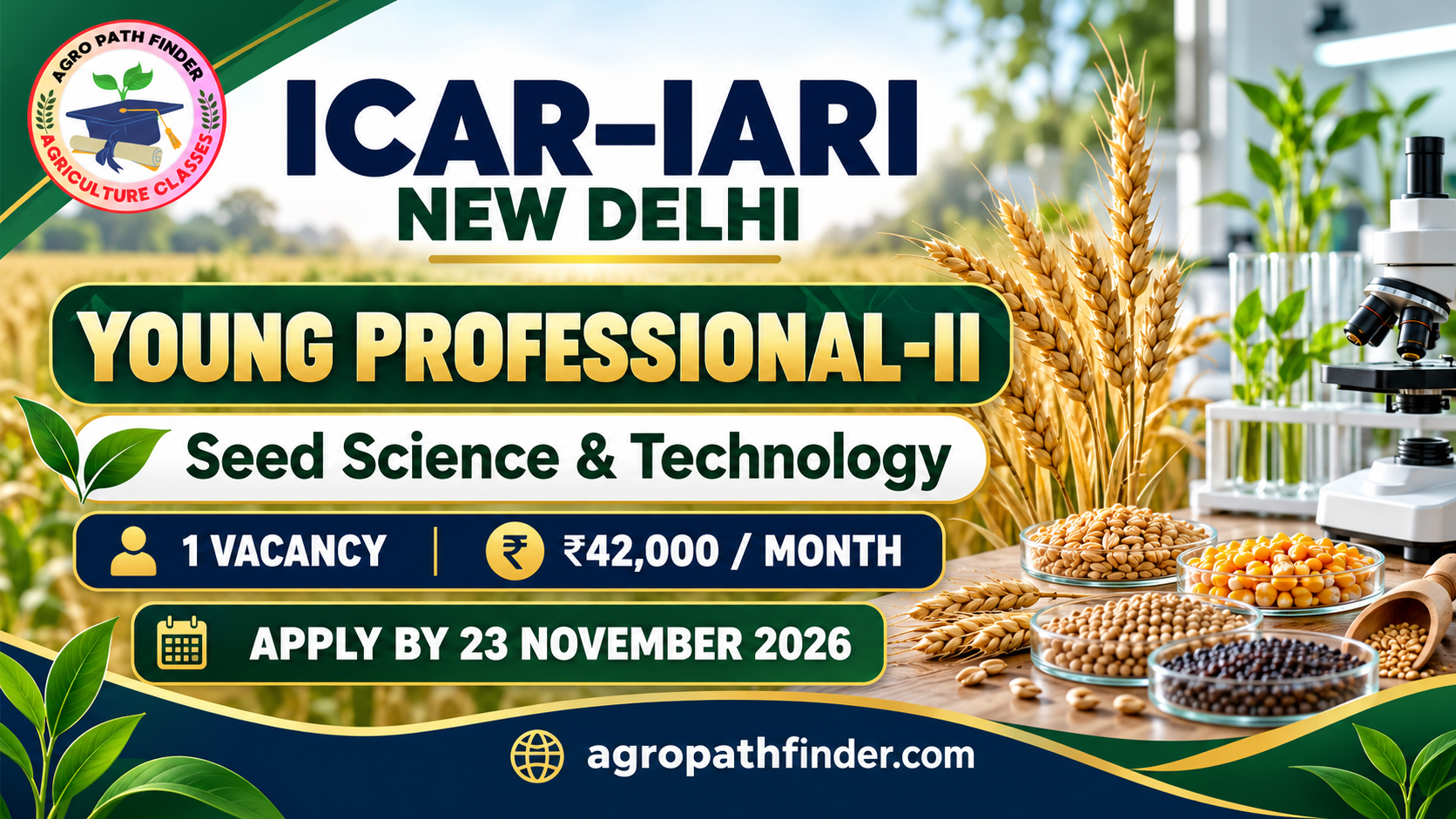 ICAR-IARI New Delhi Young Professional-II: 1 Seed Science vacancy, ₹42,000 per month; apply by 23 November 2026.