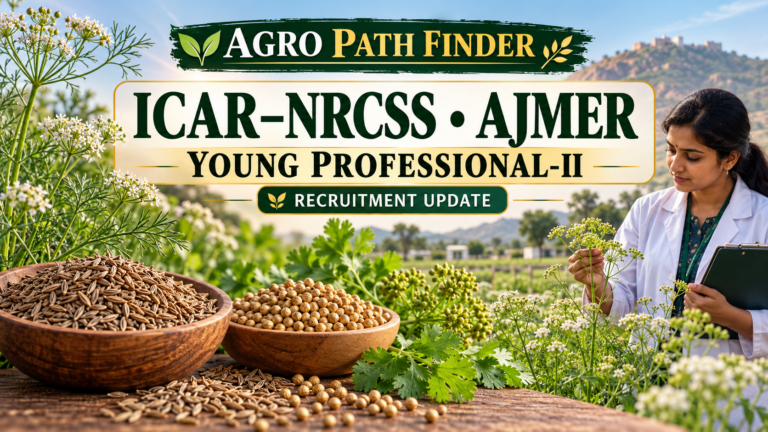 Agro Path Finder header for ICAR-NRCSS Ajmer Young Professional-II recruitment update, with seed spices and an agricultural researcher