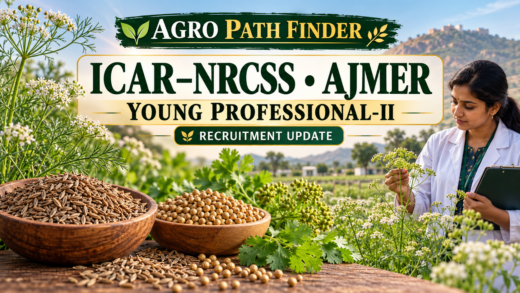 Agro Path Finder header for ICAR-NRCSS Ajmer Young Professional-II recruitment update, with seed spices and an agricultural researcher